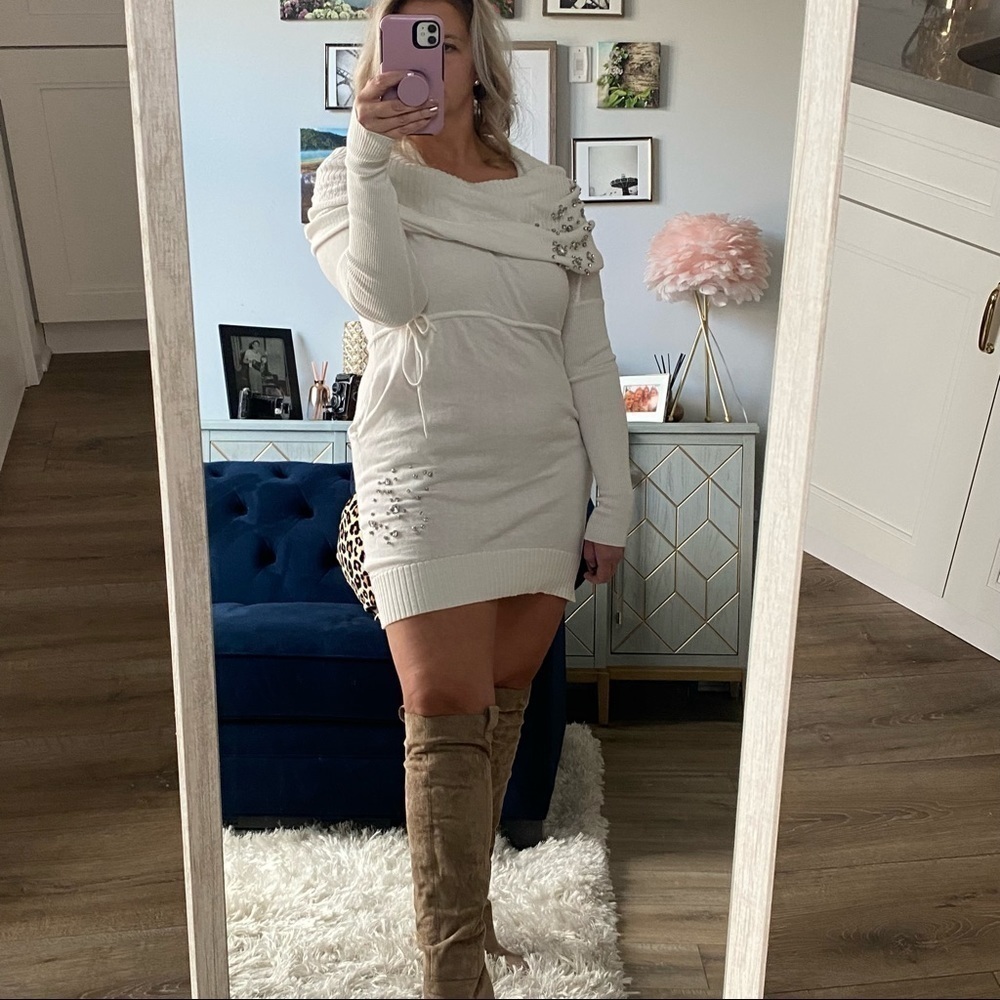 Victoria's Secret Winter White Bejeweled Sweater Dress with Tie Waist